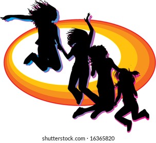 4 silhouetted jumping girls holding hands against shades of orange and yellow oval background vector illustration