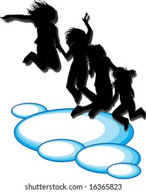 4 silhouetted jumping girls holding hands against background of blue layered oval bubbles vector illustration