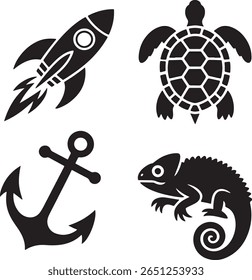 4 silhouettes of rocket ship, turtle, anchor, chameleon
