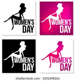 4 silhouettes of a sit girl in profile on white, black and pink background on the text women's day