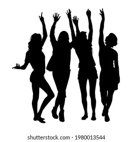 4 silhouettes of young girls tourists girlfriends stand with their hands raised up in the summer in shorts, breeches, short dress. Isolated over white background. Cheerful happy people standing nearby