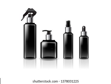 4 silver heads/sizes black square cosmetic bottle mockup template. Isolated on white background with reflection shadow. Ready to use for package design. Vector illustration.