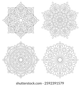 4 Simple Mandala Flower design set Mandalas coloring book pages set Mandalas coloring book pages set for Henna, Mehndi, tattoo, Decorative ornament in ethnic oriental style. Coloring book page Bundle