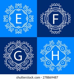 4 simple monochrome monogram design templates. Elegant line art logo design elements. Vector outline frames with copy space for text in trendy mono line style. logo and badge templates.