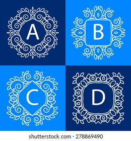 4 simple monochrome monogram design templates. Elegant line art logo design elements. Vector outline frames with copy space for text in trendy mono line style. logo and badge templates.