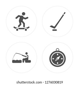 4 Skateboarding, Fishing, Hockey, Compass modern icons on round shapes, vector illustration, eps10, trendy icon set.