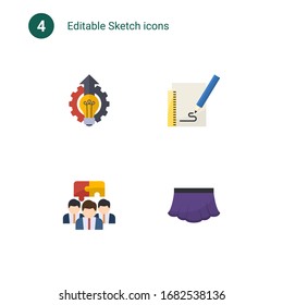 4 sketch flat icons set isolated on . Icons set with Innovation business, Sketching, Team building, skirt icons.