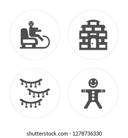 4 Sled, Lights, Igloo, Gingerbread man modern icons on round shapes, vector illustration, eps10, trendy icon set.