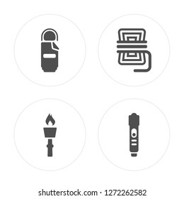 4 Sleeping bag, Torch, Rope, Torch modern icons on round shapes, vector illustration, eps10, trendy icon set.