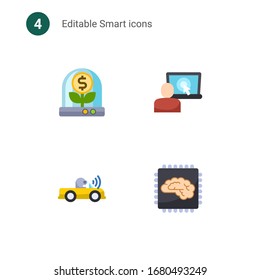4 iconos planos inteligentes instalados en . Iconos con incubadora de negocios, plataforma de comercio electrónico, iconos autónomos, inteligencia artificial.