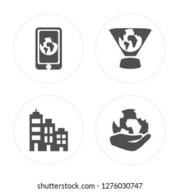 4 Smartphone, Cityscape, Hologram, Planet earth modern icons on round shapes, vector illustration, eps10, trendy icon set.