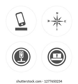 4 Smartphone, Microphone, Wind rose, Upload modern icons on round shapes, vector illustration, eps10, trendy icon set.
