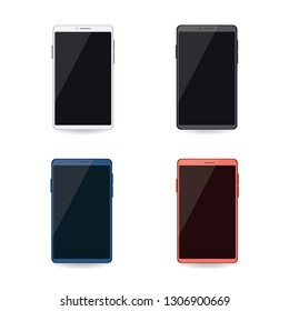 4 smartphones, 4 colors, white, black, blue, pink.