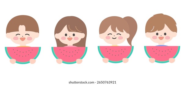 4 Smiling children holding watermelons each
