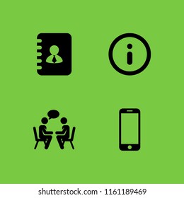 4 sms icons in vector set. mobile phone, information circular button symbol, chat and address illustration for web and graphic design