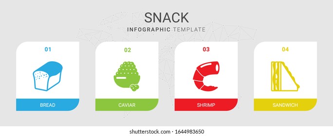 4 snack filled icons set isolated on infographic template. Icons set with bread, caviar, shrimp, sandwich icons.