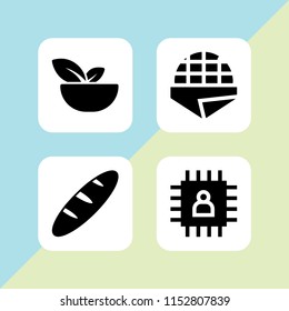 4 snack icons in vector set. chip, loaf, stroopwafel and salad illustration for web and graphic design