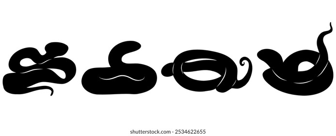 4 siluetas de serpiente. Serpientes de color blanco y negro, serpientes dibujadas a mano en diferentes Formas. Ilustración vectorial sobre fondo blanco. 