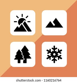 4 snow icons in vector set. snowflake shape, winter, mountain and landscape with mountains illustration for web and graphic design