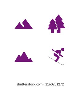 4 snow icons in vector set. mountain summit, landscape with mountains, winter and ski illustration for web and graphic design