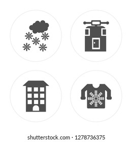 4 Snowing, Building, Cable car cabin, Sweater modern icons on round shapes, vector illustration, eps10, trendy icon set.