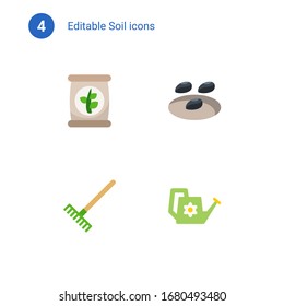 4 soil flat icons set isolated on . Icons set with fertilizer, seeds, Rake, Watering can icons.