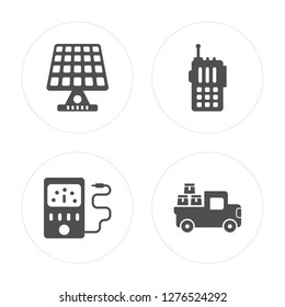 4 Solar panel, Thermometer, Walkie talkie, Logistics modern icons on round shapes, vector illustration, eps10, trendy icon set.