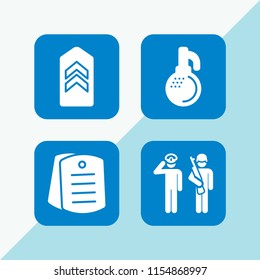 4 soldier icons in vector set. dog tag, grenade, military and salute illustration for web and graphic design