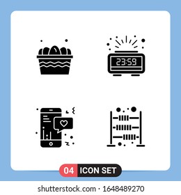 4 Solid Black Icon Pack Glyph Symbols for Mobile Apps isolated on white background. 4 Icons Set.