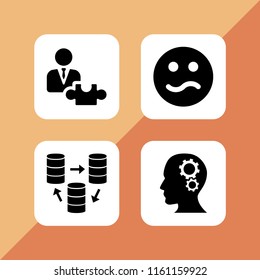 4 solution icons in vector set. puzzle, human head silhouette with cogwheels, data and confused illustration for web and graphic design