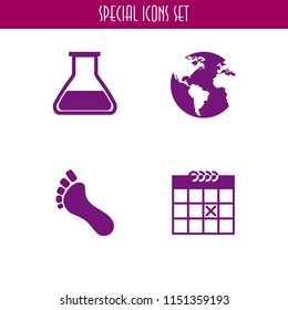 4 space icons in vector set. calendar, chemistry class flask with liquid for experimentation, footprint and earth globe with continents maps illustration for web and graphic design