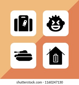 4 space icons in vector set. smiling, tank, handbag in black with a label and architecture and city illustration for web and graphic design
