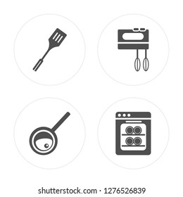 4 Spatula, Frying pan, Mixer, Dishwasher modern icons on round shapes, vector illustration, eps10, trendy icon set.