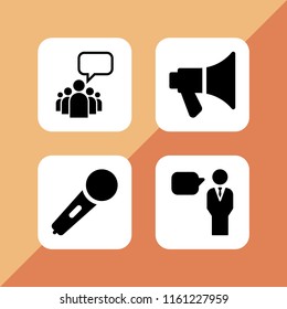 4 speak icons in vector set. megaphone, karaoke microphone icon, speech and leader of a group with an empty speech bubble illustration for web and graphic design