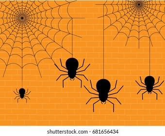 4 spiders on a yellow wall