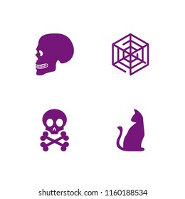 4 spooky icons in vector set. halloween black cat, death, spider web and skull illustration for web and graphic design