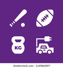 4 sport icons in vector set. weight, baseball bat, american football and car illustration for web and graphic design