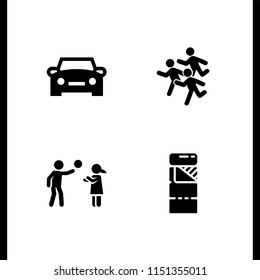 4 sport icons in vector set. child, sleeping bag, group of men running and car illustration for web and graphic design