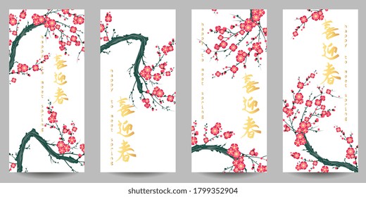 4 fondos de pantalla de primavera con ciruela floreciente. Señales chinas significan feliz encuentro de primavera