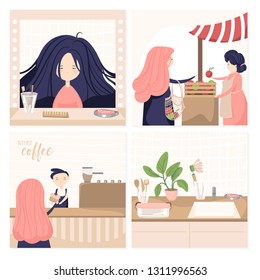 4 square cards with situations of zero waste lifestyle: in bathroom, food market, coffee house and kitchen