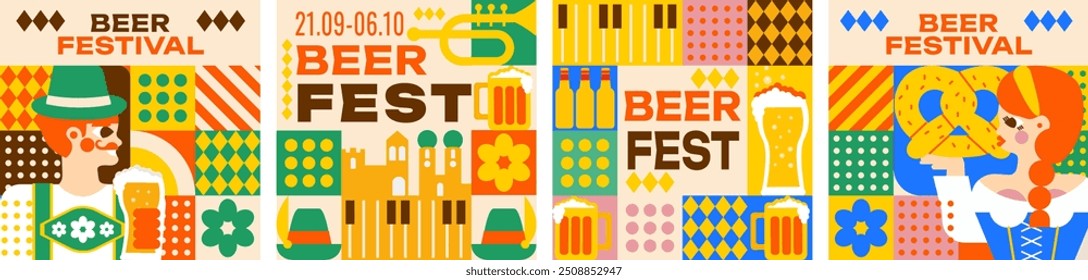 4 square templates for Beer Fest! 
Mosaic design, pretzels, beer mugs, festive atmosphere. 
Set of editable design for social media, flyers, invitations and more