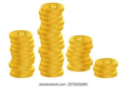 4 stacks of shiny gold coins with dollar signs embossed on them. Financial success, savings, investment growth, and wealth accumulation.