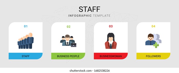 4 iconos planos de personal establecidos aislados en plantilla infográfica. Iconos con gente de negocios, mujer de negocios, íconos de los seguidores.