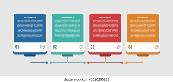 Diagrama infográfico de 4 estágios com contêiner de tabela de caixa grande com emblema na parte inferior e conexão de linha de rodapé com 4 etapas para vetor de apresentação de slide