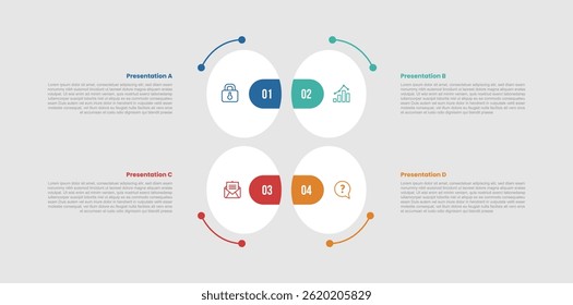 Diagrama infográfico de 4 estágios com estrutura matricial grande círculo do ovo com base central de equilíbrio com 4 passos para apresentação de slide vetor
