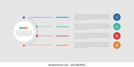 4 stage infographic diagram with big circle and line connection with stacked list with 4 step for slide presentation vector