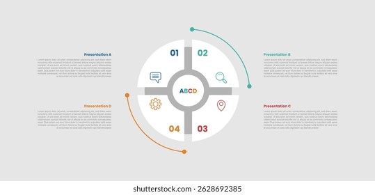 4 stage infographic diagram with big circle center pie chart slice with 4 step for slide presentation vector