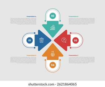 Diagrama infográfico de 4 etapas com seta criativa com ponteiro de direção central na estrutura da matriz com 4 etapas para o vetor de apresentação de slides