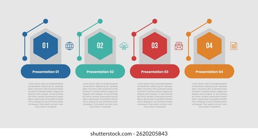 4 stage infographic diagram with hexagon shape on open table container with horizontal alignment with 4 step for slide presentation vector
