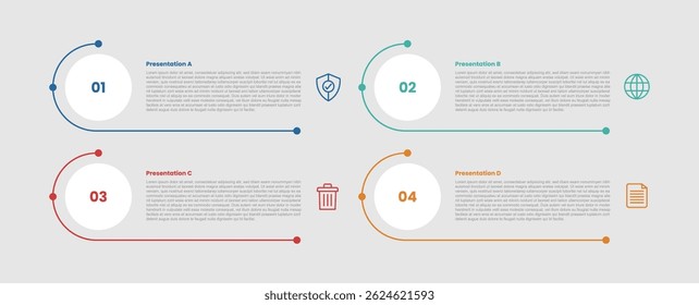 4 stage infographic diagram with open line container box with circle badge with 4 step for slide presentation vector